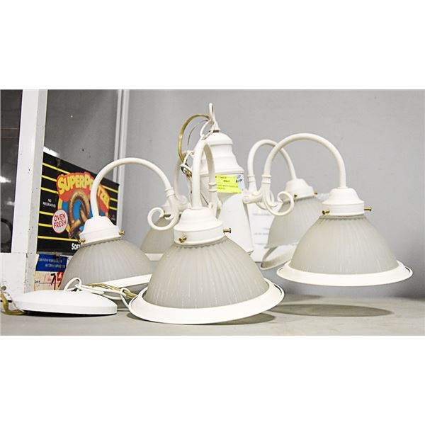 WHITE CHANDELIER W/ FROSTED RIBBED GLASS SHADES