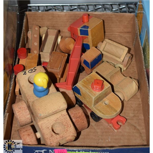 BOX LOT WITH VINTAGE WOODEN TOYS