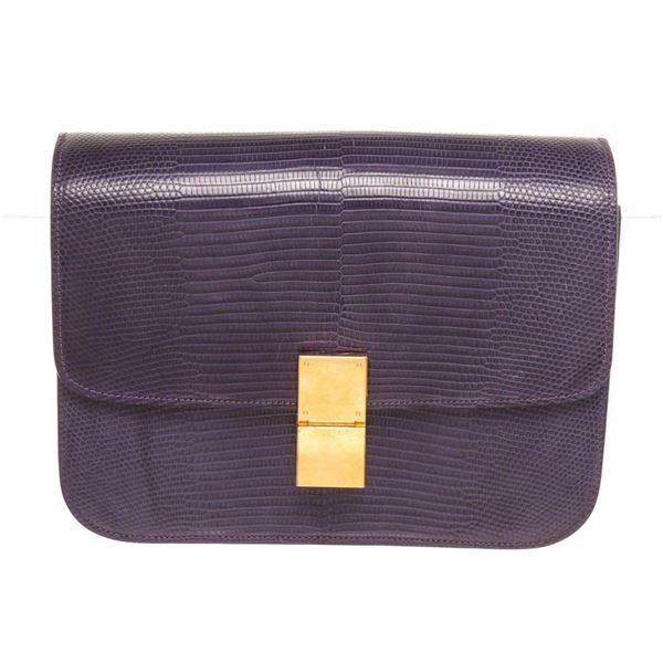 Celine Purple Lizard Skin Leather Medium Box Shoulder Bag