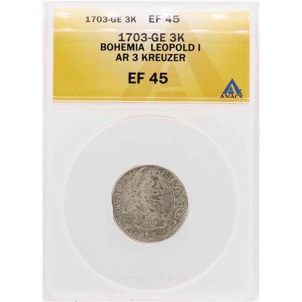 1703-GE Bohemia Leopold I AR 3 Kreuzer Coin ANACS XF45