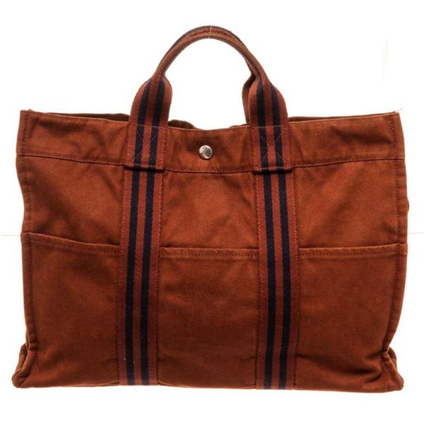 Hermes Brown Canvas Leather Herline GM Tote Bag