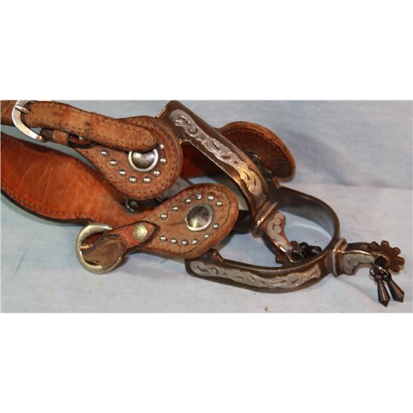 Silver overlayed spurs, fancy, w/jingle bobs, studded straps and Mustache spurs, unmarked