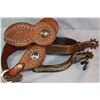 Image 2 : Silver overlayed spurs, fancy, w/jingle bobs, studded straps and Mustache spurs, unmarked