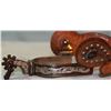 Image 3 : Silver overlayed spurs, fancy, w/jingle bobs, studded straps and Mustache spurs, unmarked