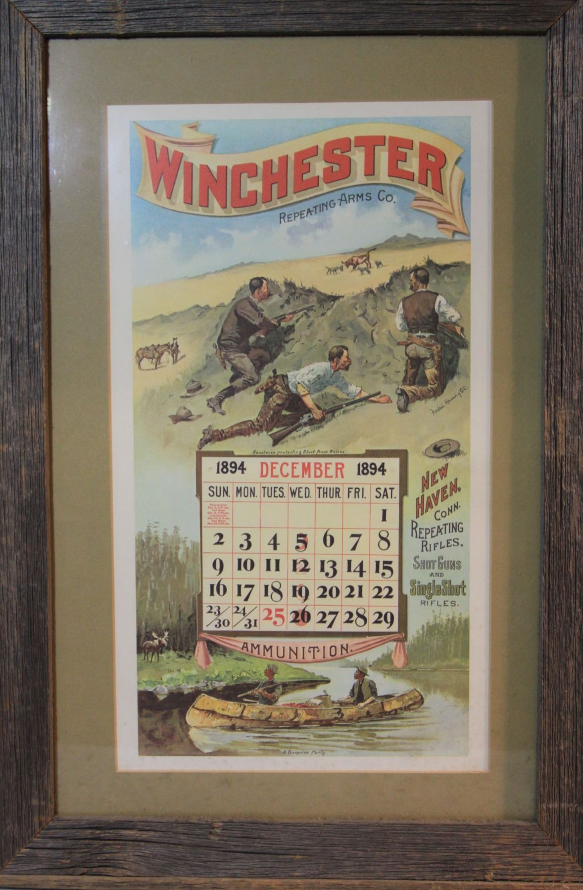Winchester calendar page, Dec., 1894, 16" h x 9" w, framed