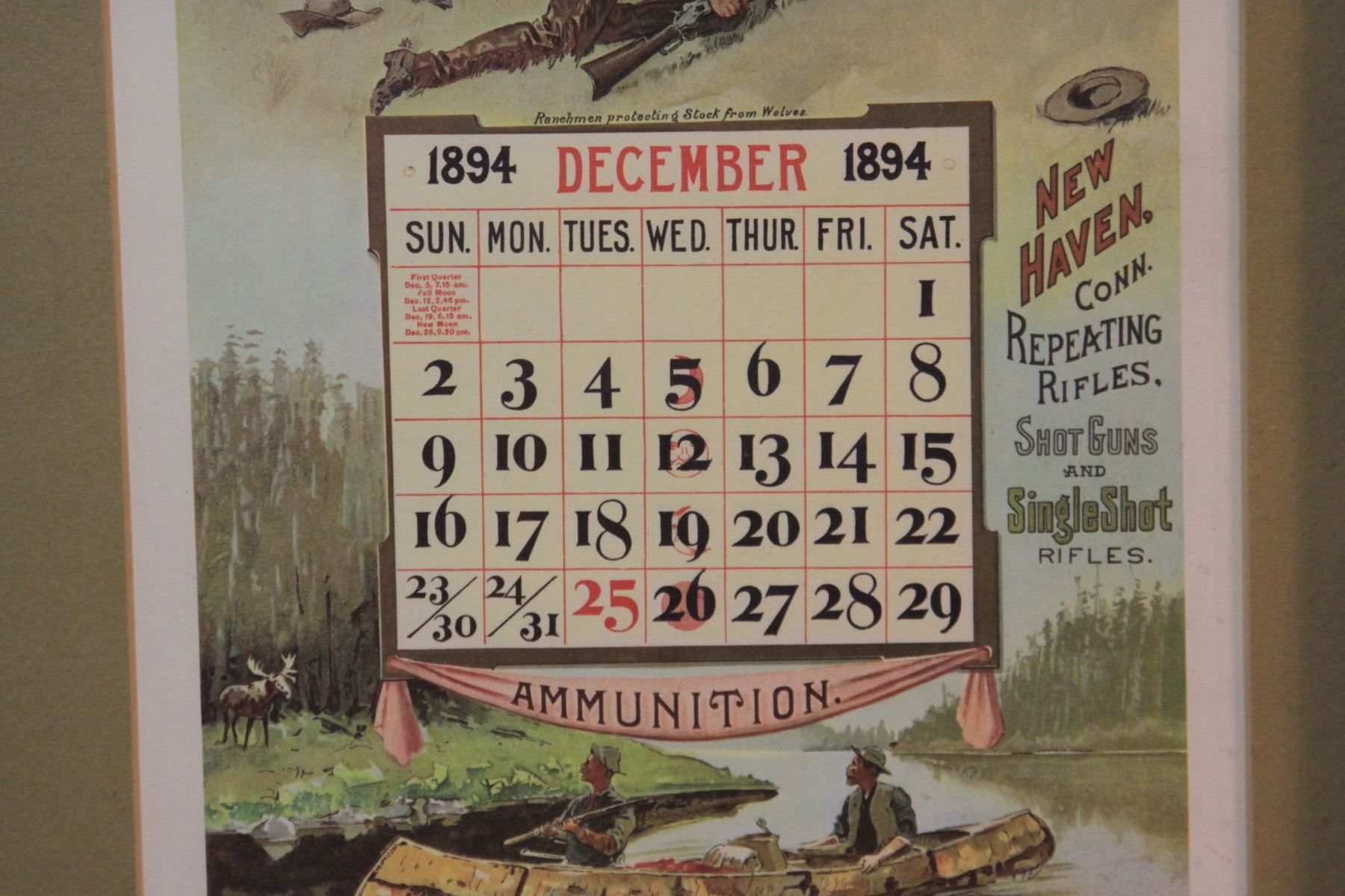 Winchester calendar page, Dec., 1894, 16" h x 9" w, framed