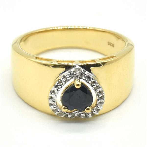 Gold plated Silver Blue Sapphire White Topaz(0.9ct) Gold Rhodium Plated Ring (~weight 4.75g)