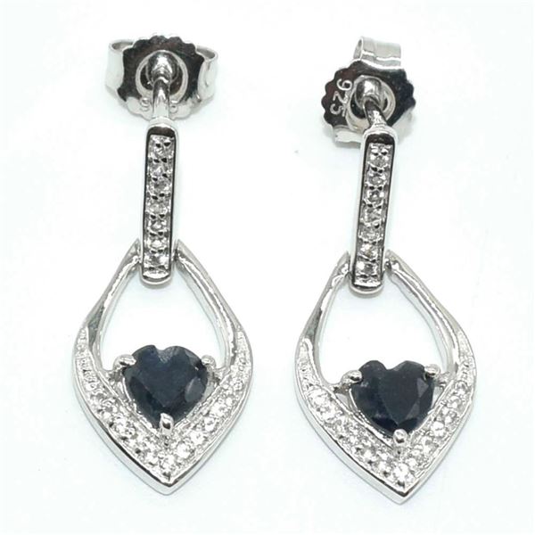 Silver Blue Sapphire White Topaz(1.45ct) Rhodium Plated Earrings (~weight 3.35g)