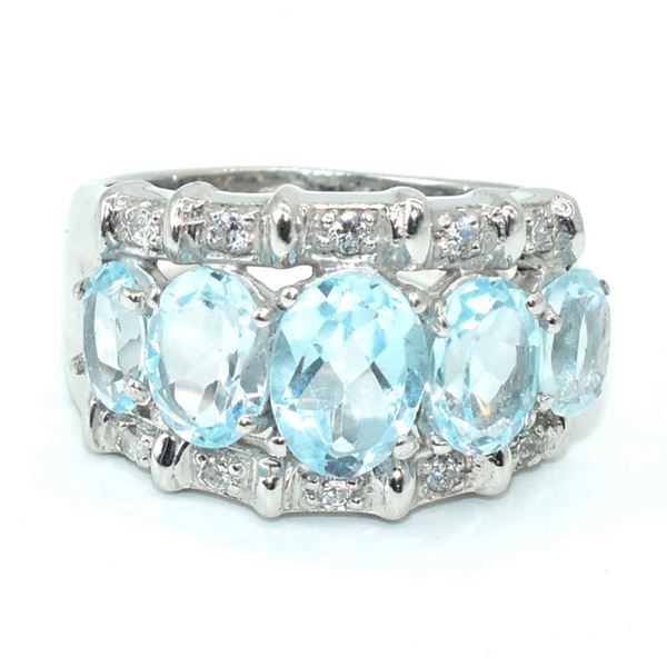 Silver Blue Topaz Cz(4.5ct) Rhodium Plated Ring (~weight 7.25g)