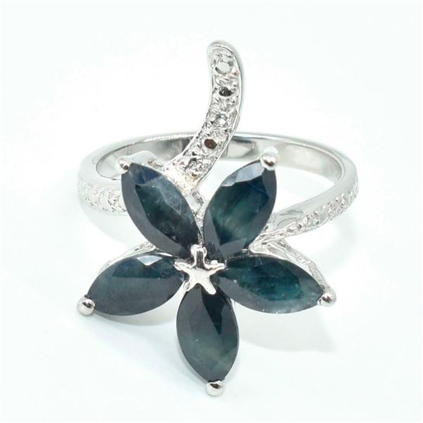 Silver Blue Sapphire White Topaz(5.4ct) Rhodium Plated Ring (~weight 4.3g)