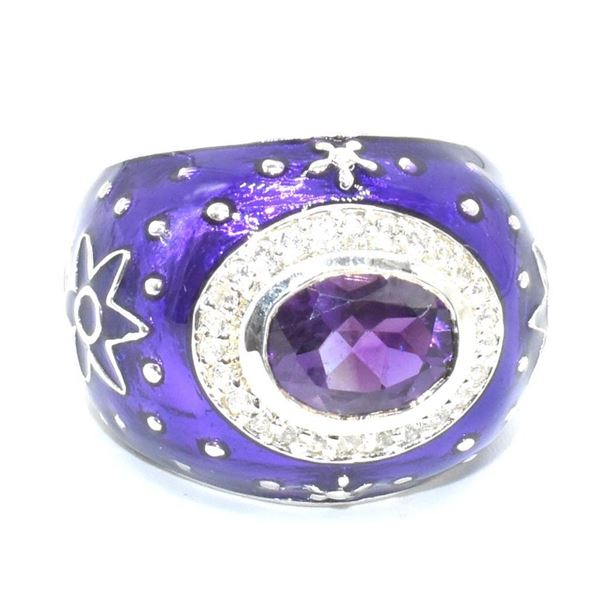 Silver Amethyst White Topaz(3.5ct) Rhodium Plated Enamel Work Ring (~weight 13.4g)