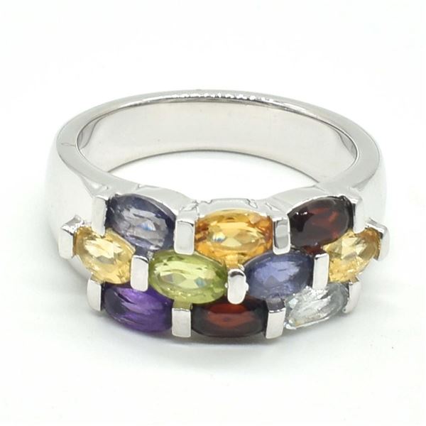 Silver Multi Colour Gem Stne(3.6ct) Rhodium Plated Ring (~weight 6.5g)