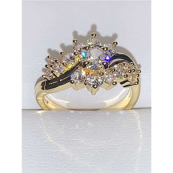 Ladies Cluster Top with brilliant cut solitaire stone 14K GP Anniversary Ring size 7