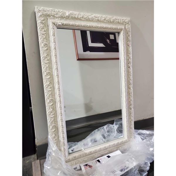 NEW Framed mirror white carved wood frame style approx 24 x 36 inch