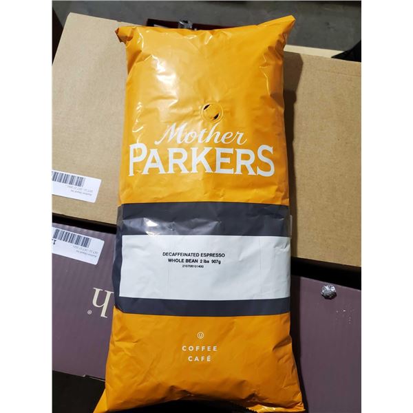 Mother Parkers Decaf Esspresso whole bean coffee case lot of 8 x 2 lbs bags