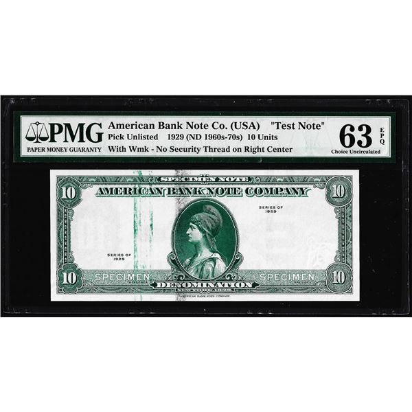 1929 10 Unit American Bank Note Co. "Test Note" PMG Choice Uncirculated 63EPQ