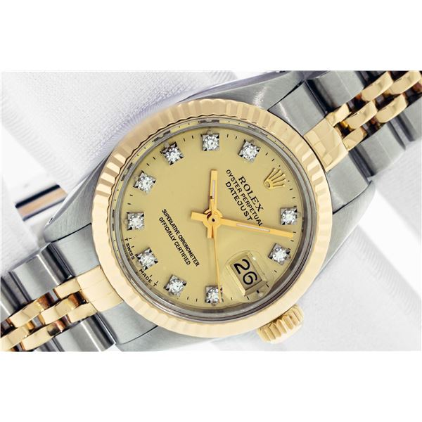 Rolex Ladies Two Tone Factory Champagne Diamond Dial Datejust with Box and Papers