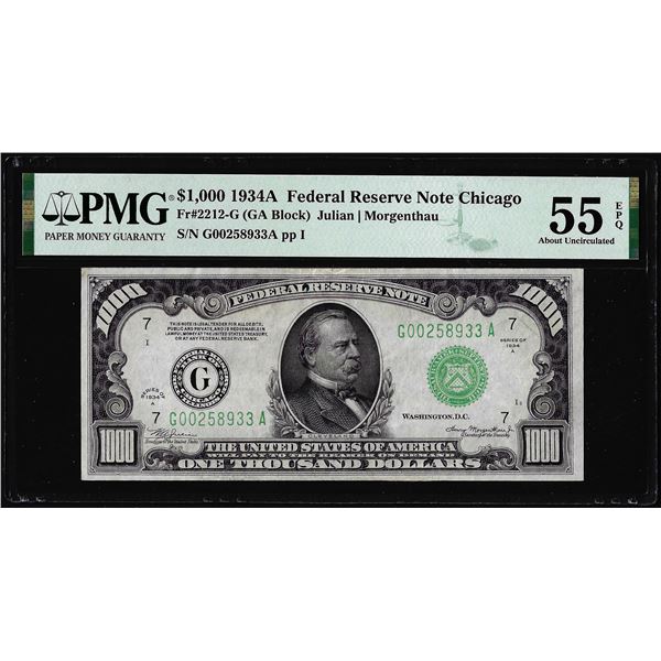 1934A $1,000 Federal Reserve Note Chicago Fr.2212-G PMG About Uncirculated 55EPQ