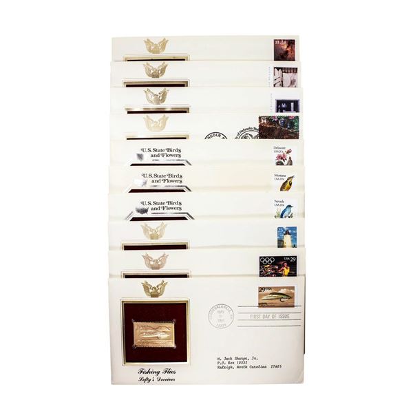 Lot of (10) First Day Of Issue 22KT Gold Replica Stamps in Envelopes