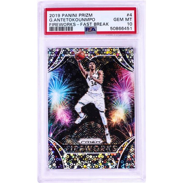 2019 Panini Prizm Fireworks Fast Break Giannis Antetokounmpo NBA Card #4 PSA Gem Mint 10