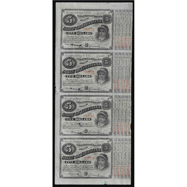 Uncut Sheet of (4) State of Louisiana Baby Bond Obsolete Notes