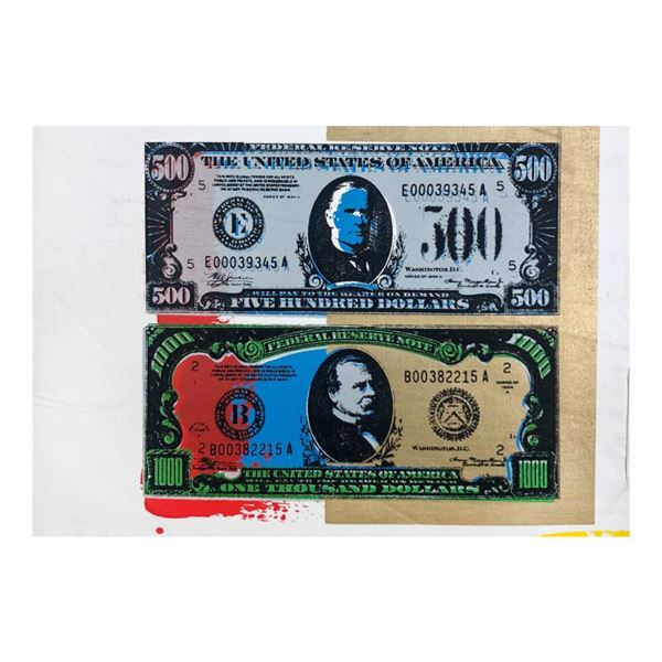 Steve Kaufman (1960-2010) "500 And 1000 Dollar Bills" Original Mixed Media On Canvas