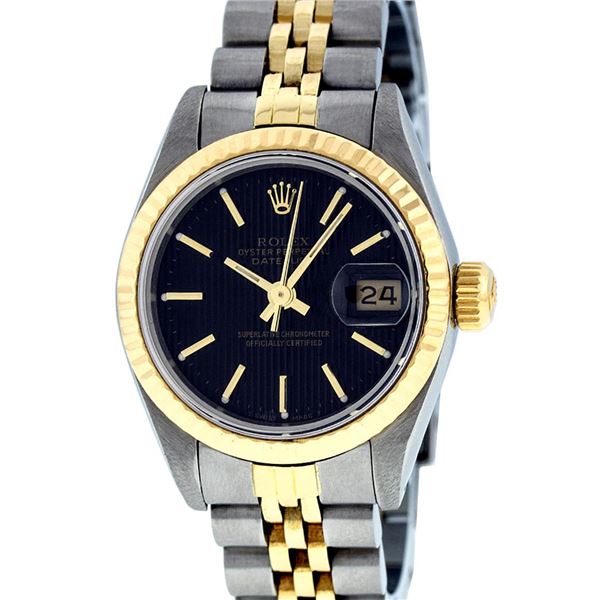 Rolex Ladies Two Tone Black Tapestry Datejust Wristwatch