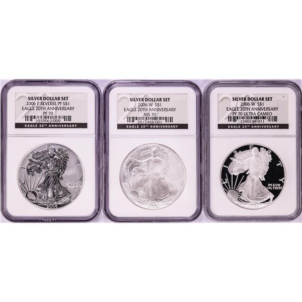 2006 $1 American Silver Eagle 20th Anniversary (3) Coin Set NGC MS70/PF70/PF70 Ultra Cameo