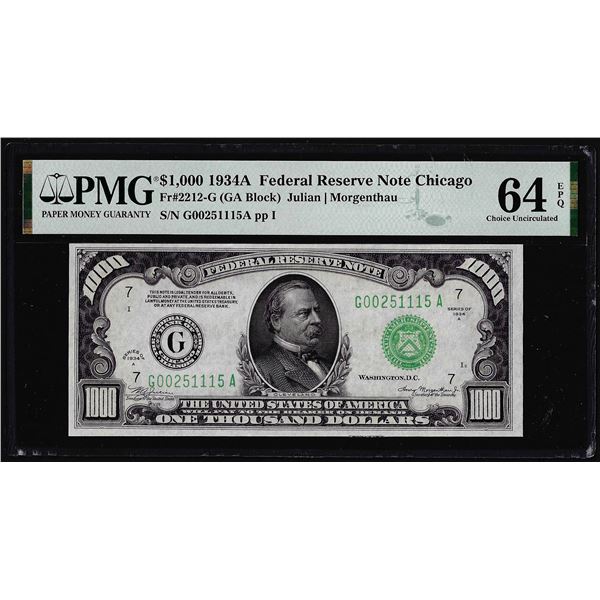 1934A $1,000 Federal Reserve Note Chicago Fr.2212-G PMG Choice Uncirculated 64EPQ