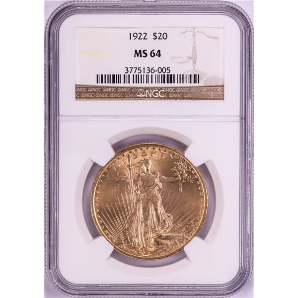1922 $20 St. Gaudens Double Eagle Gold Coin NGC MS64