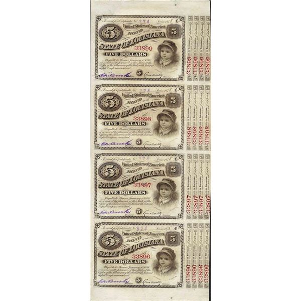 Uncut Sheet of (4) State of Louisiana Baby Bond Obsolete Notes