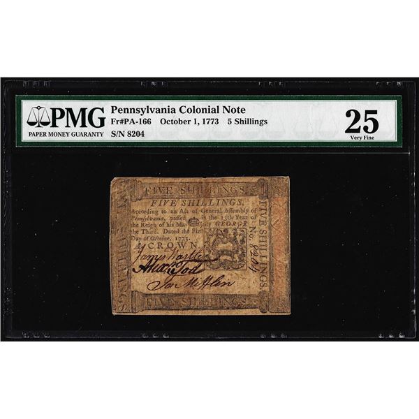 October 1, 1773 Pennsylvania 5 Shillings Colonial Currency Note PMG Very Fine 25