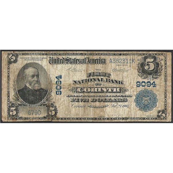 1902PB $5 First National Bank of Corinth, MI CH# 9094 National Currency Note