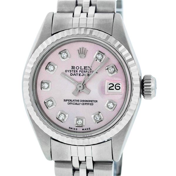 Rolex Ladies Stainless Steel Pink Diamond Oyster Perpetual Datejust Wristwatch