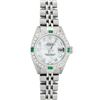 Image 2 : Rolex Ladies Stainless Steel Mother Of Pearl Diamond Emerald Datejust Wristwatch
