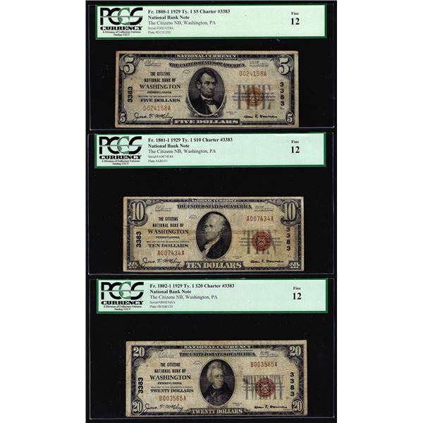 1929 $5/10/20 Citizens NB Washington, PA CH# 3383 National Currency Notes PCGS F12