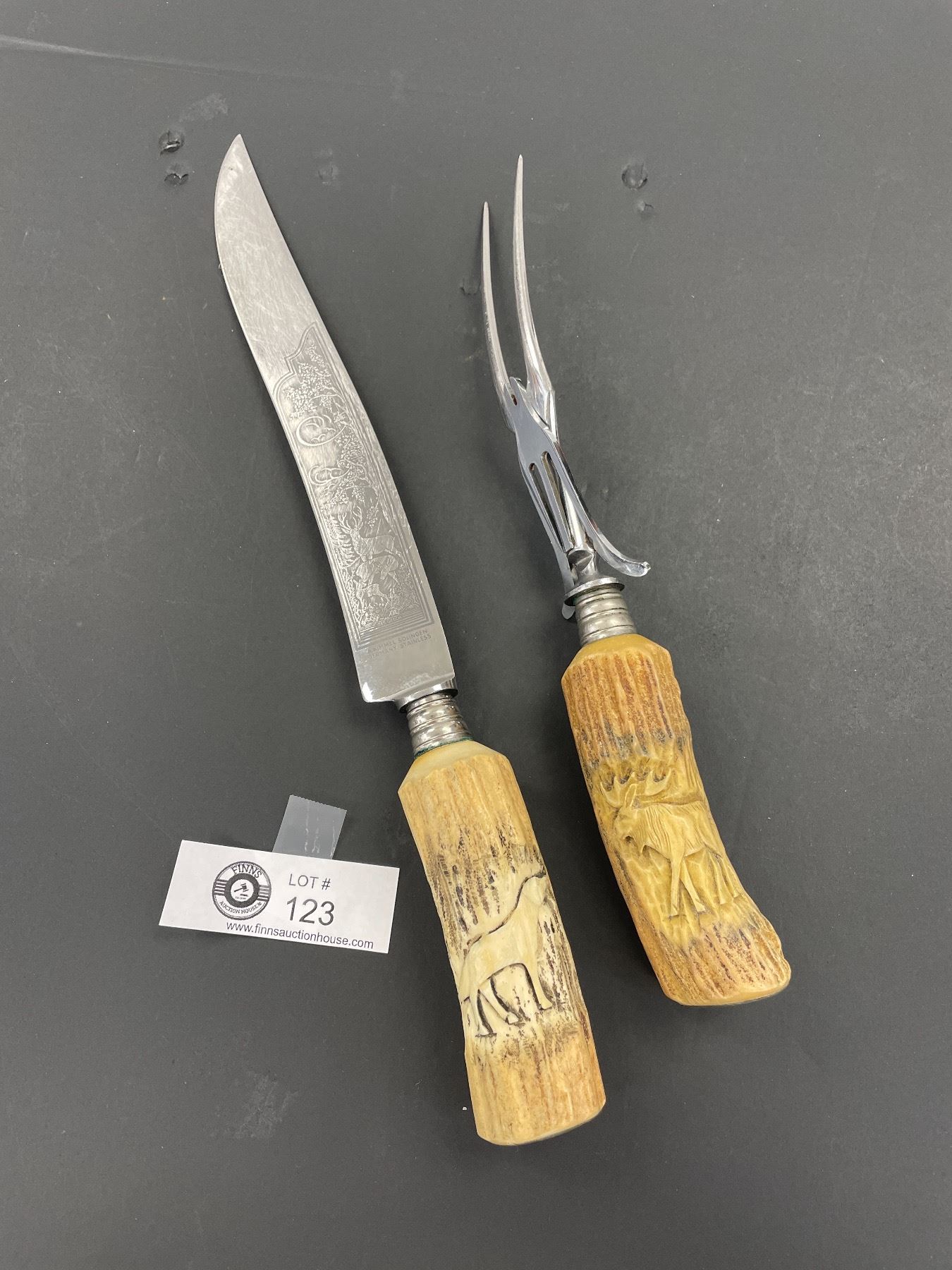 Solinger German Solinger Kimmel Etched and Carved Antler Carving Set