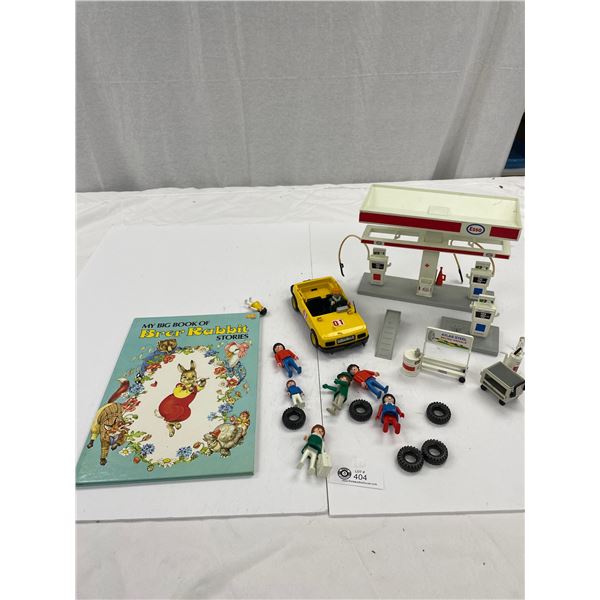 Box Lot of Play Mobile Esso Gas Station Cars Figures Etc