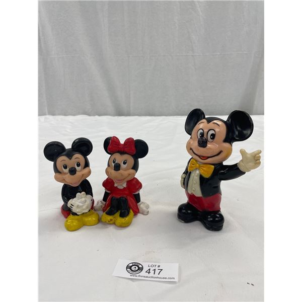 Vintage Walt Disney Mickey Mouse 6" Piggy Bank Made in Korea and 2 Mickey and Minnie Squeaky Toy Fig