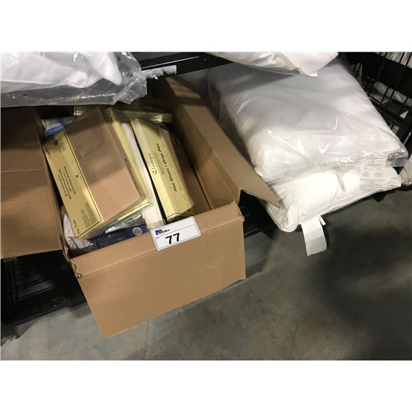 BOX OF TWIN SHEETS, PILLOW PROTECTORS , MATTRESS PADS, PILLOWS AND MORE