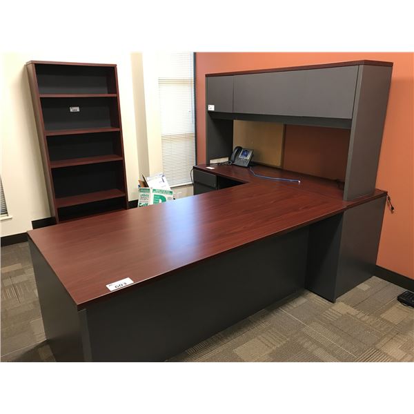 MAHOGANY AND GREY 6'  DESK AND CREDENZA