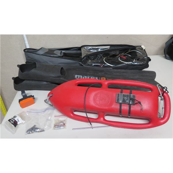 Kiefer Lifeguard Rescue Can, Mares Dive Fins, Cressi 2000HF Fins in Case, etc