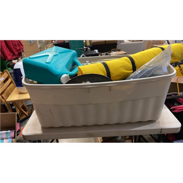 TOTE OF SURVIVAL ITEMS, MAGIC HEAT FUEL TINS, BLANKETS, SLEEPING BAG, EMERGENCY KIT IN TACKLE BOX, S