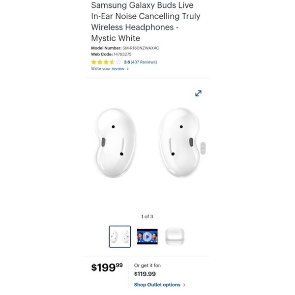 Samsung Galaxy Buds Live In-Ear Noise Cancelling Truly Wireless Headphones - Mystic White - Retail $