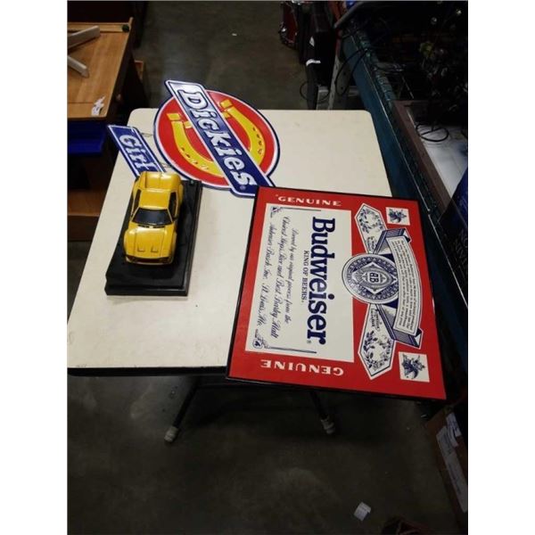 DICKIES METAL SIGN, BUDWEISER BEER ADVERT AND HOTWHEELS PANTERA DIE CAST CAR