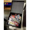 Image 2 : SMALL STORAGE OTTOMAN AND FABRIC CONTAINER WITH CONTENTS - SEWING NOTIONS, ESTATE GOODS