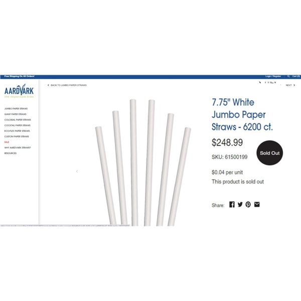 CASE OF AARVARK 7.75" White Jumbo Paper Straws - 8,800 ct. RETAIL IS $250 FOR ONLY 6,200