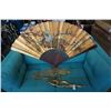Image 1 : BRASS EASTERN TREE WALL ART AND EASTERN HAND PAINTED FAN - 62 INCHES WIDE WHEN OPEN