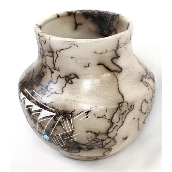 Navajo Etched Horse Hair Pottery Jar by V. Vail