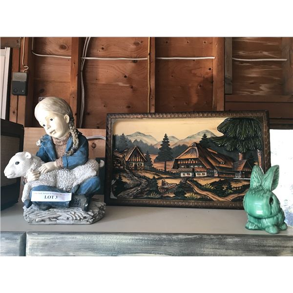 Ceramic bunny, resin outdoor lamb & girl statue, wood 3D landscape Chalet picture